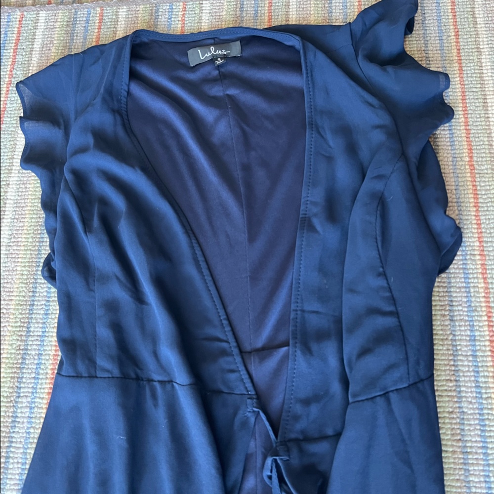 Lulu’s Navy Wrap Gown with Flutter Sleeves